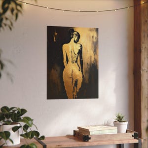Pintura abstracta de figura femenina, retrato de espaldas, impresión artística de pared con silueta femenina, decoración moderna contemporánea en dorado y negro para el hogar. imagen 9