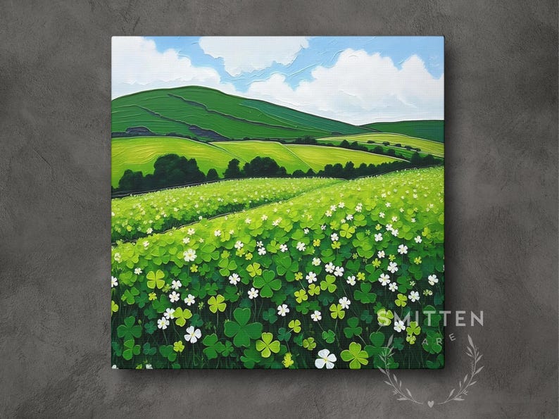 Irish Shamrock Field Landscape Painting, Celtic St. Patrick's Day Decor Artwork, Lush Green Ireland Art Print, Irish Gift Bild 1