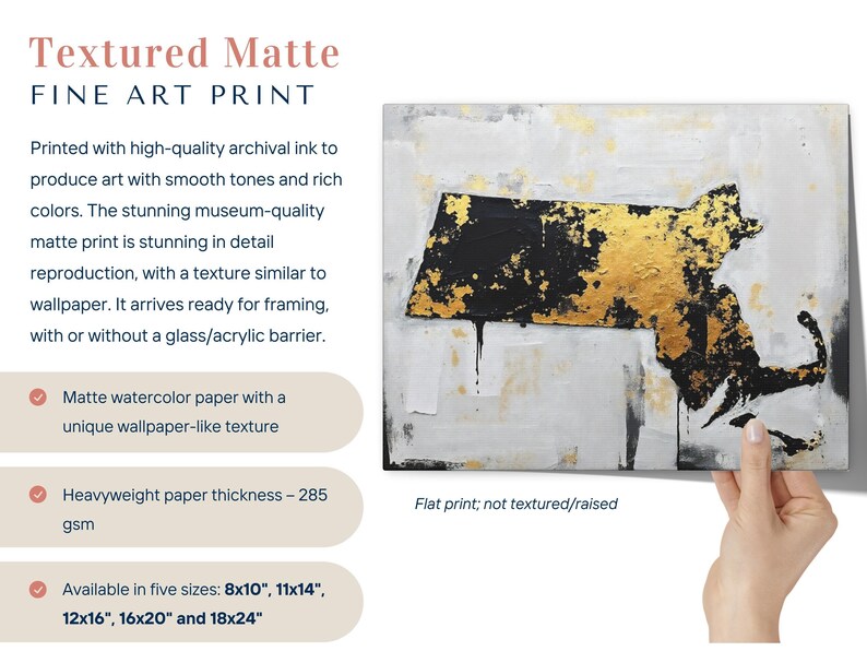 Abstract Massachusetts State Silhouette Wall Art Print, Modern Minimalist Painting In Gold Black And Gray Color Urban Grunge Artwork Decor image 3