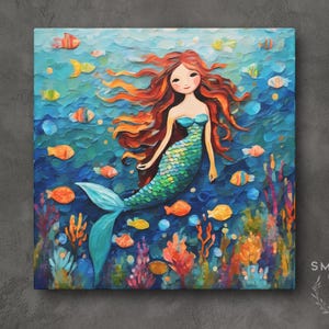 Mermaid Art Print • Whimsical Folk Art Painting • Eclectic Wall Decor • Fish & Sea Animals • Framed Canvas Poster Gift For Mermaid Lover Bild 1