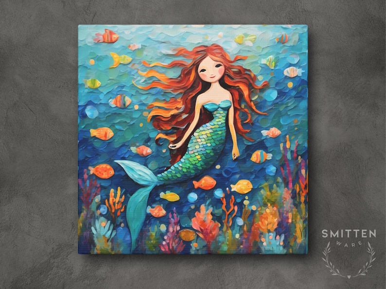 Mermaid Art Print • Whimsical Folk Art Painting • Eclectic Wall Decor • Fish & Sea Animals • Framed Canvas Poster Gift For Mermaid Lover Bild 1