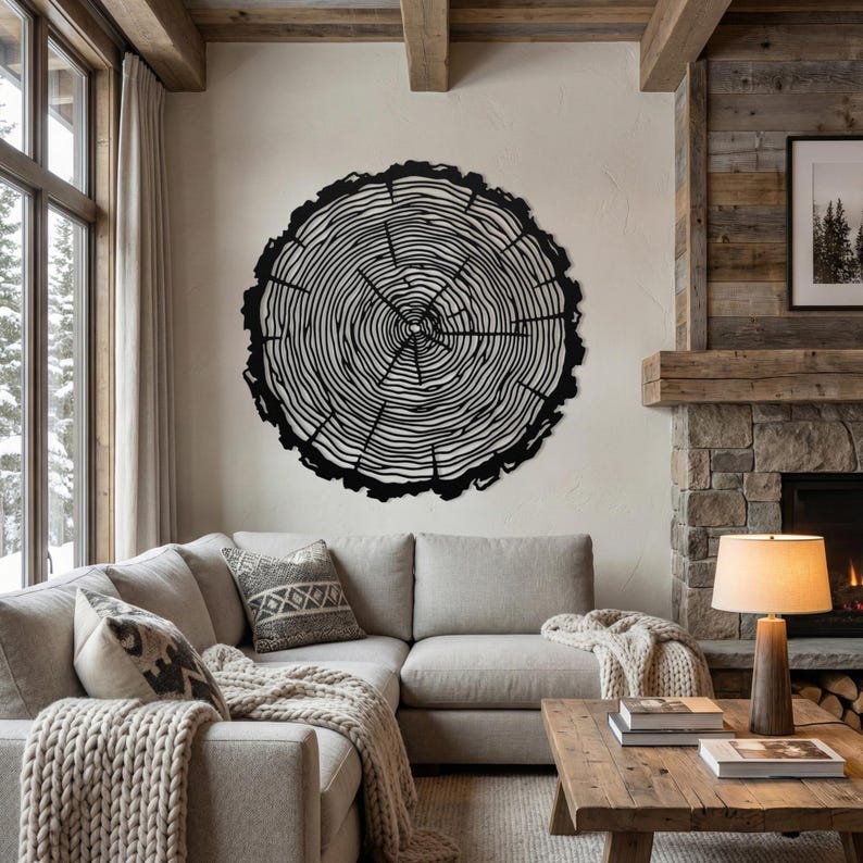 Oversized black tree ring metal art, large rustic mountain house wall decor above cozy living room sofa