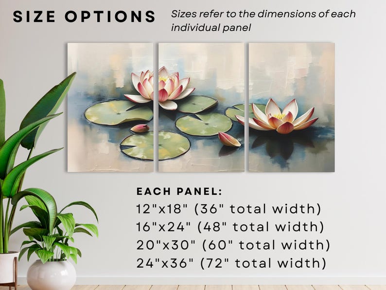 May include: Triptych canvas art print featuring a serene water lily scene. The artwork displays three panels with pink and white water lilies, green lily pads, and soft blue and beige tones. Size options are 12"x18", 16"x24", 20"x30", and 24"x36".