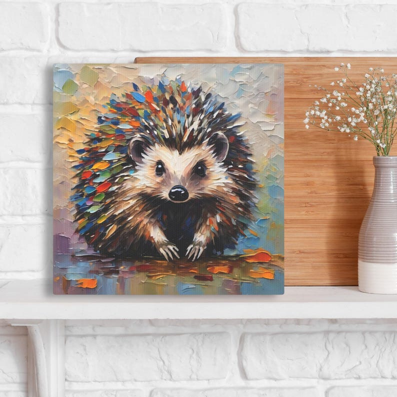 Hedgehog Art Print • Whimsical Folk Art Painting • Eclectic Wall Decor • Woodland Animal • Framed Canvas Poster Gift For Hedgehog Lover image 4