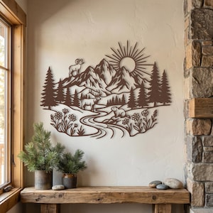 Rust copper wildlife landscape of Colorado mountains with elk and sheep hanging in rustic cabin.