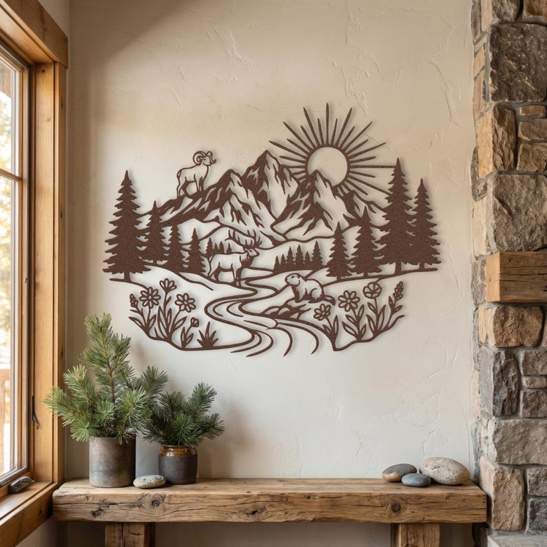 Rust copper wildlife landscape of Colorado mountains with elk and sheep hanging in rustic cabin.