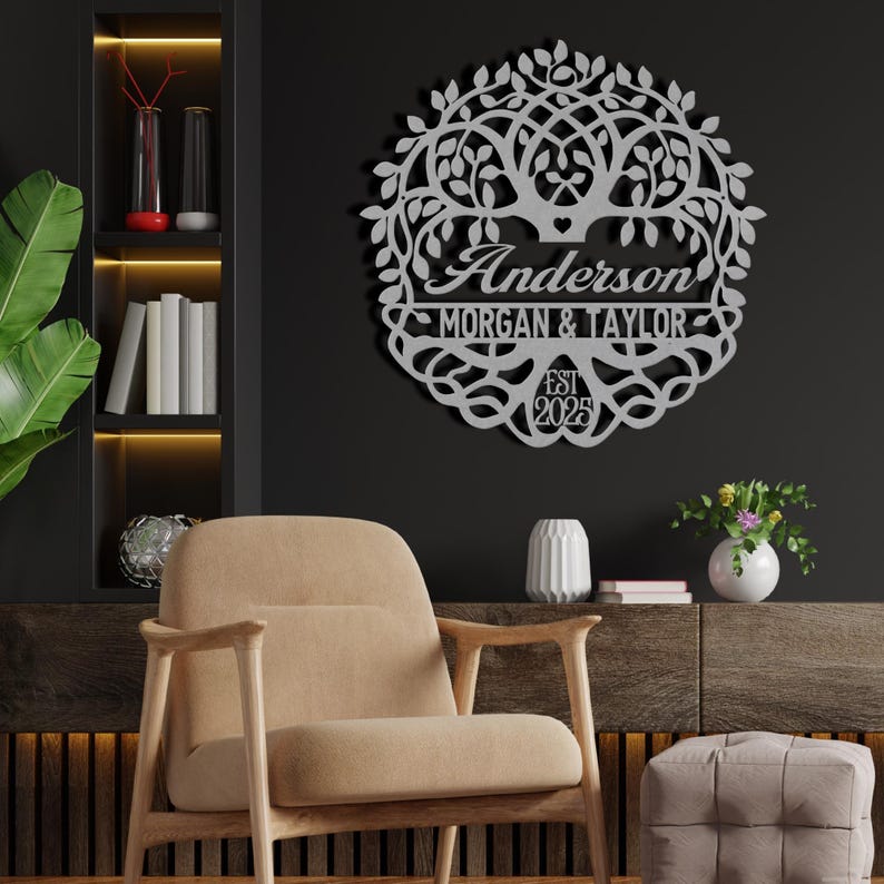 Personalized Wedding Gift for Couple, Metal Established Sign, Custom Marriage Date Sign, Family Tree of Life Metal Wall Art, Metal Name Sign image 2