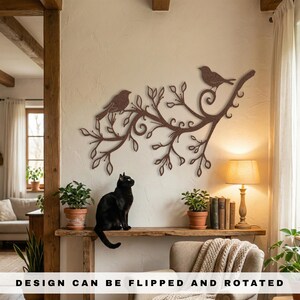 Rustic dark copper love birds sign above console, reversible wall art.