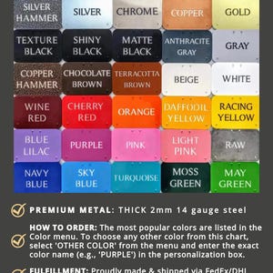 The image is a color options guide for premium metal, featuring a variety of metallic finishes and colors such as silver, chrome, copper, gold, black, shiny black, matte black, terracotta, brown, beige, white, gray, black, chocolate, terracotta, brown, white, orange, daffodil, yellow, blue, purple, pink, raw, light pink, turquoise, blue, navy, purple, pink, and green. The guide provides information on how to order the colors and fulfill the order, and it is available worldwide.