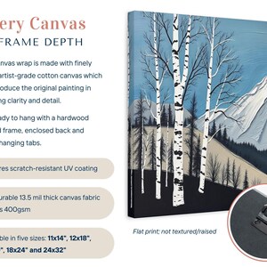 Birch Tree Painting, Minimalistic Abstract Mountain Landscape Wall Art, Blue White Gray Oil Painting Canvas Art Print, Modern Nature Artwork image 2
