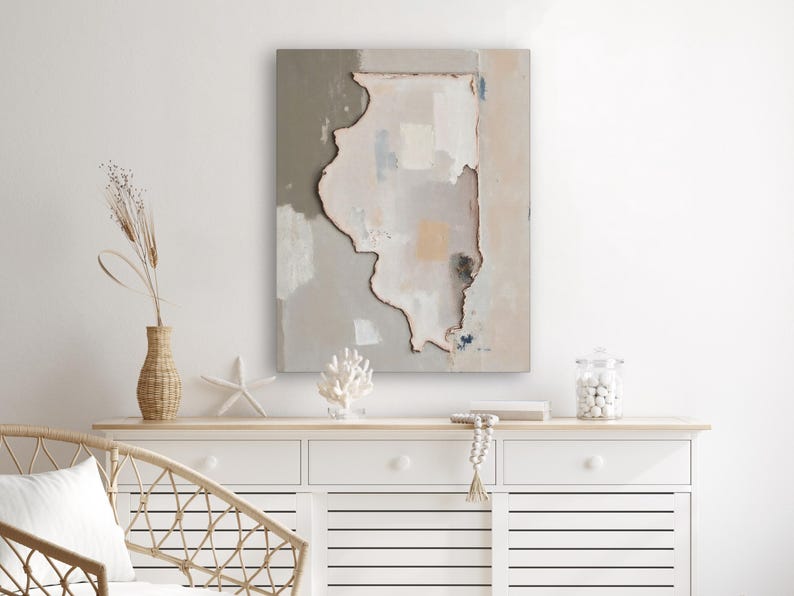 Abstract Illinois State Silhouette Wall Art Print, Modern Minimalist Textured Painting In Neutral Muted Color Artwork, Dusty Pink Gray Decor image 5