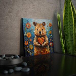 Impresión artística de Quokka sobre lienzo enmarcado o papel de póster, obra de arte en pintura, lindo animal con corazón y flores, regalo de decoración de San Valentín para ella imagen 5