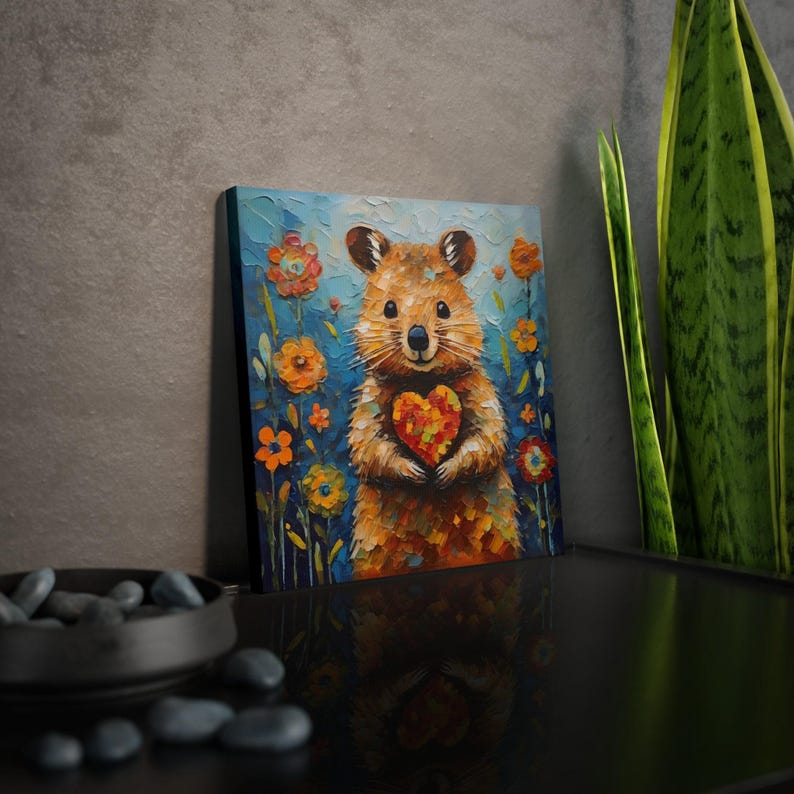 Impresión artística de Quokka sobre lienzo enmarcado o papel de póster, obra de arte en pintura, lindo animal con corazón y flores, regalo de decoración de San Valentín para ella imagen 5
