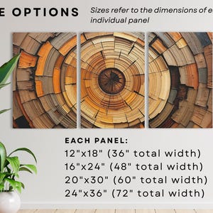 May include: A triptych wall art print featuring a close-up of a tree trunk cross-section. The artwork displays concentric rings in shades of brown, orange, and tan. Size options are 12"x18", 16"x24", 20"x30", and 24"x36".