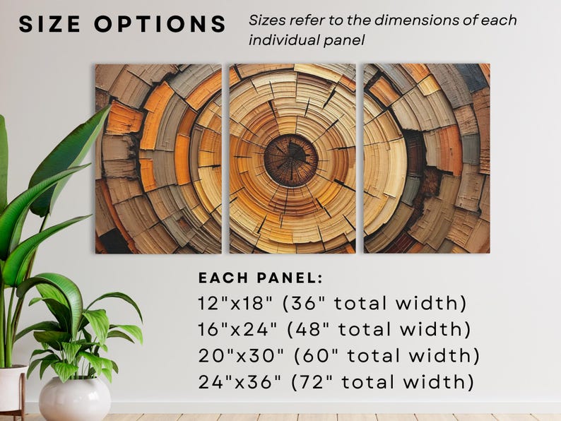 May include: A triptych wall art print featuring a close-up of a tree trunk cross-section. The artwork displays concentric rings in shades of brown, orange, and tan. Size options are 12"x18", 16"x24", 20"x30", and 24"x36".