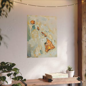 Impresión artística de pared con silueta abstracta del estado de Hawái, pintura texturizada minimalista moderna en colores neutros y apagados, decoración en azul aguamarina y naranja. imagen 8