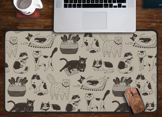 Cute Cat Desk Mat, Large Cat Mouse Pad Keyboard Mat, Beige Khaki Brown And Black Desk Pad, Funny Doodle Cat Sketch Art Cat Drawing Deskmat