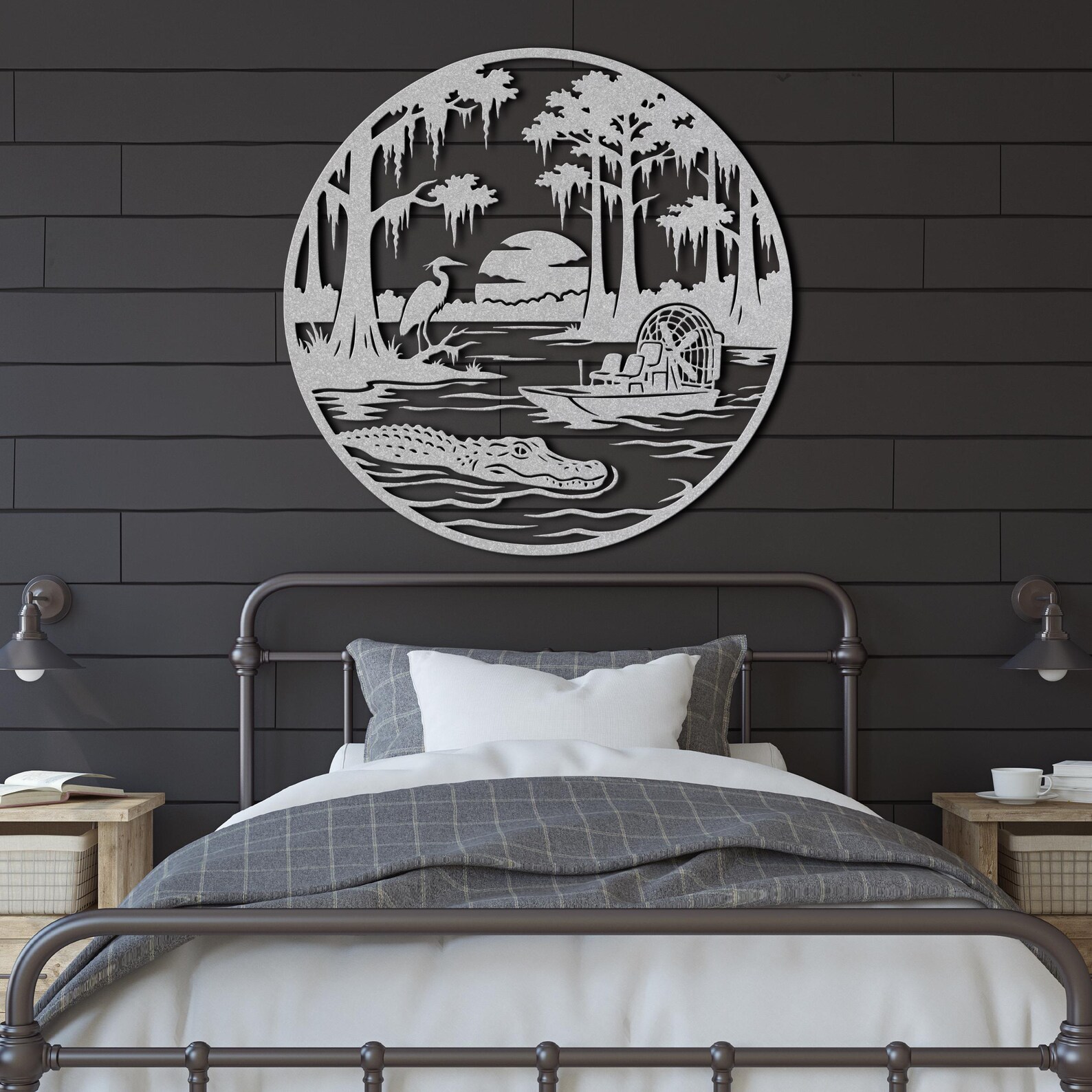 Rustic Bayou Metal Wall Art, Louisiana Swamp Scene With Alligator ...
