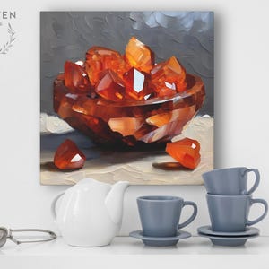 Carnelian Agate Crystal Artwork On Canvas Or Wall Art Print, Modern Orange Mineral Cluster Abstract Painting, Unique Gemstone Art Work Decor image 10