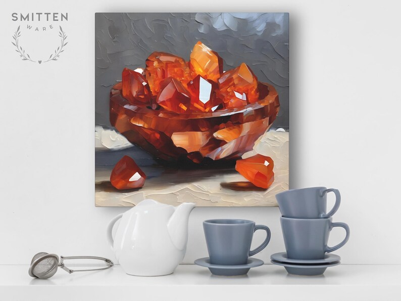 Carnelian Agate Crystal Artwork On Canvas Or Wall Art Print, Modern Orange Mineral Cluster Abstract Painting, Unique Gemstone Art Work Decor image 10