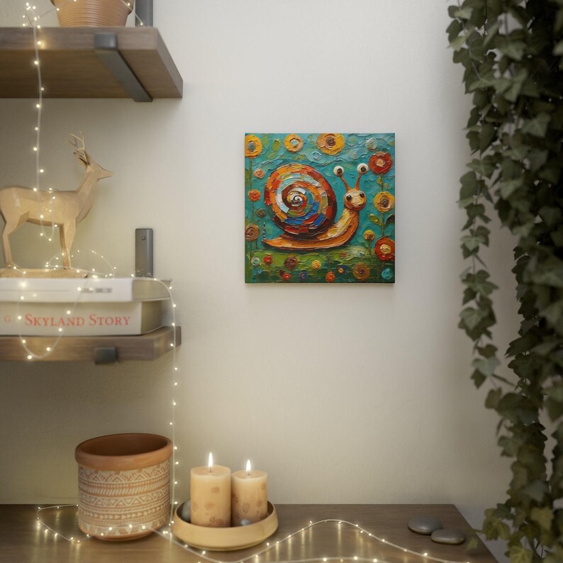 Impresión artística de caracol • Pintura de arte popular caprichosa • Decoración de pared ecléctica • Molusco en jardín de flores • Póster en lienzo enmarcado Regalo para amantes de los caracoles imagen 6