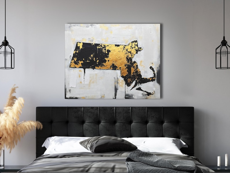 Abstract Massachusetts State Silhouette Wall Art Print, Modern Minimalist Painting In Gold Black And Gray Color Urban Grunge Artwork Decor image 1