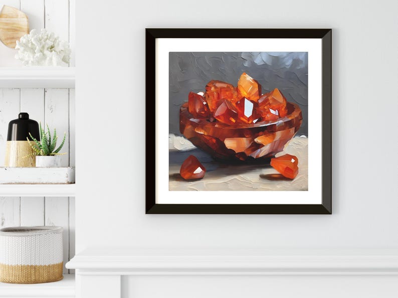 Carnelian Agate Crystal Artwork On Canvas Or Wall Art Print, Modern Orange Mineral Cluster Abstract Painting, Unique Gemstone Art Work Decor image 9