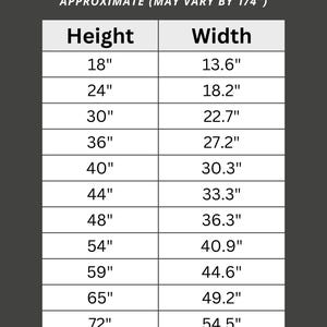 May include: A dimensions guide with height and width measurements in inches. The guide includes sizes from 18" x 13.6" to 72" x 54.5". Text at the top reads "DIMENSIONS GUIDE" and "APPROXIMATE (MAY VARY BY 1/4")". The bottom text says "NEED A CUSTOM SIZE? MESSAGE ME!"
