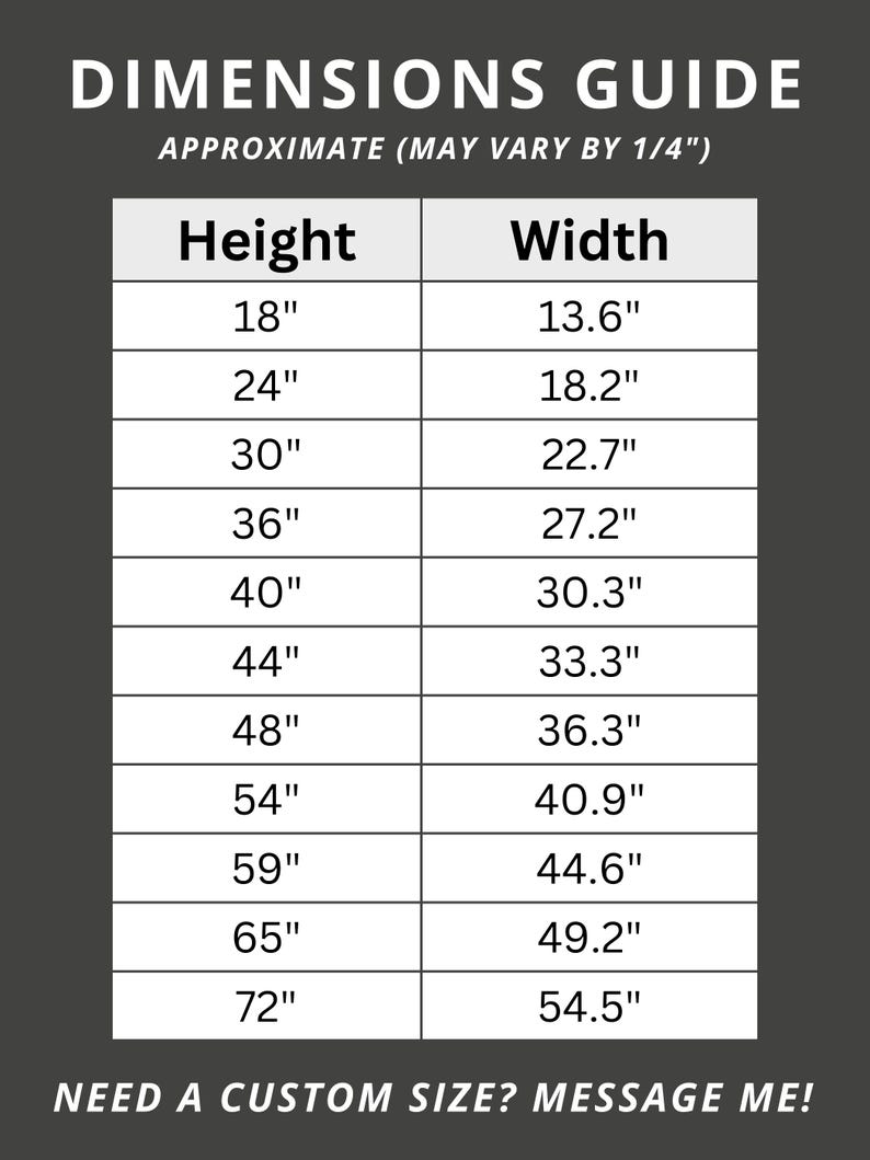 May include: A dimensions guide with height and width measurements in inches. The guide includes sizes from 18" x 13.6" to 72" x 54.5". Text at the top reads "DIMENSIONS GUIDE" and "APPROXIMATE (MAY VARY BY 1/4")". The bottom text says "NEED A CUSTOM SIZE? MESSAGE ME!"