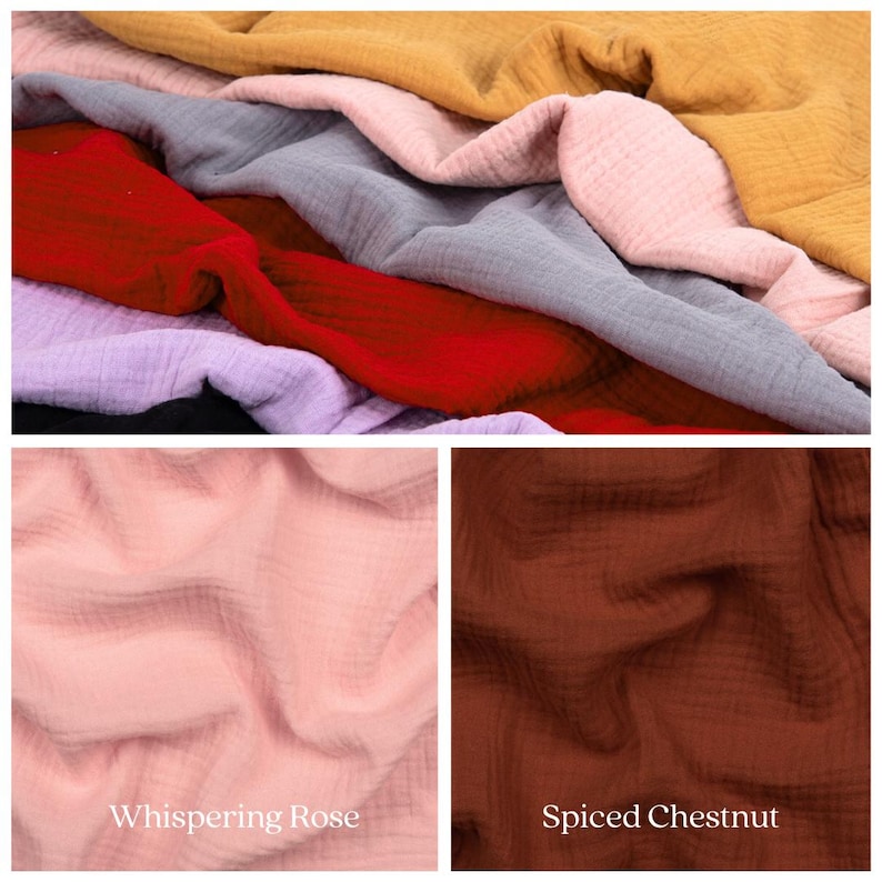 Puede incluir: Primer plano de dos muestras de tela. La muestra superior es de color rosa claro y se llama "Whispering Rose". La muestra inferior es de color marr&oacute;n rojizo y se llama "Spiced Chestnut".