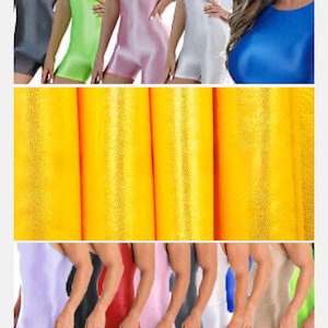 May include: A variety of brightly colored leotards in different colors, including pink, blue, green, white, and gray. The leotards are made of a shiny, stretchy fabric.