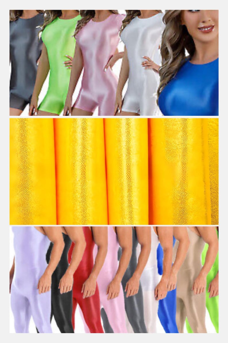 May include: A variety of brightly colored leotards in different colors, including pink, blue, green, white, and gray. The leotards are made of a shiny, stretchy fabric.