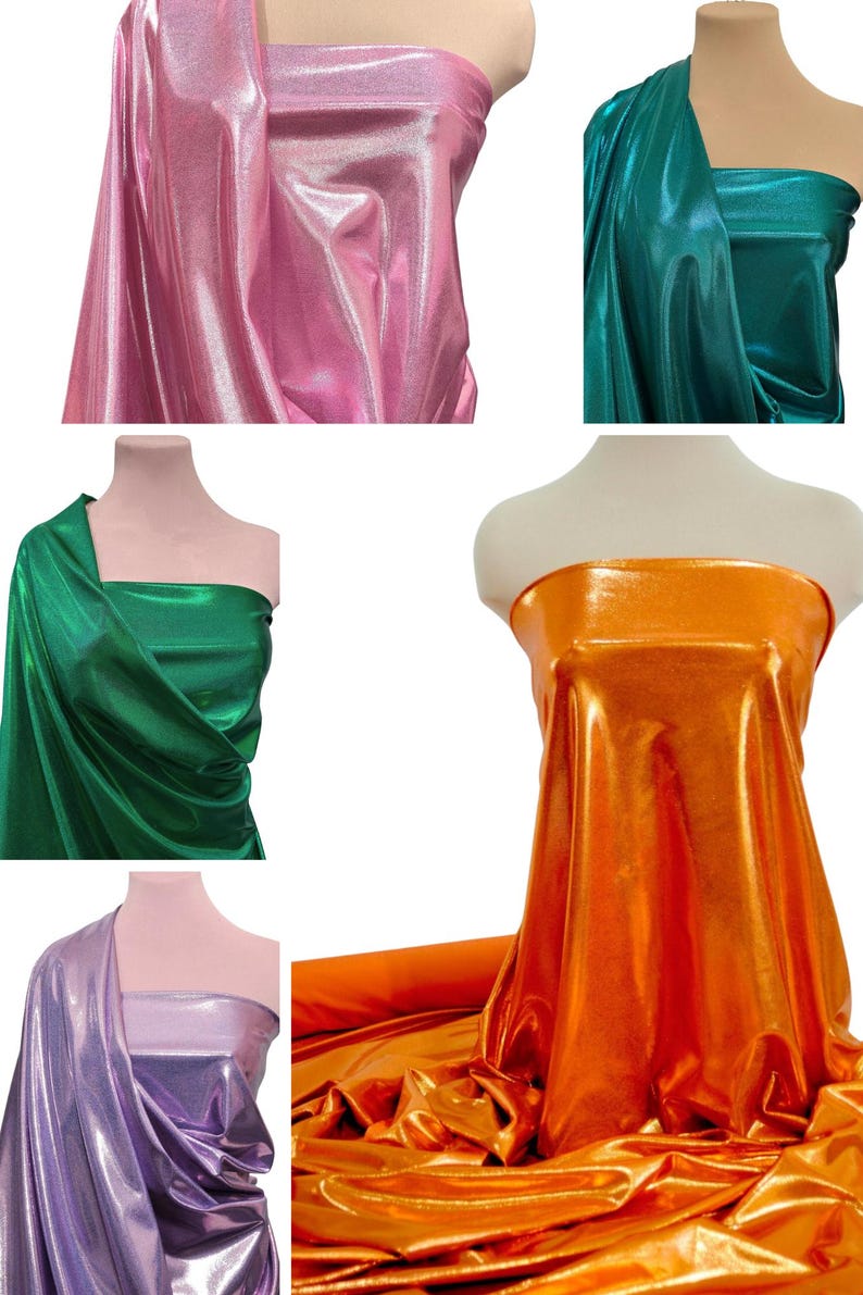 May include: Five different colors of metallic fabric, including pink, green, orange, purple, and gold. The fabric is draped over mannequins to show its texture and drape.