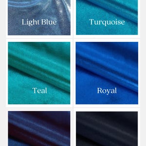 May include: A swatch card showing six different shades of blue fabric. The colors are Light Blue, Turquoise, Teal, Royal, Sapphire, and Navy.