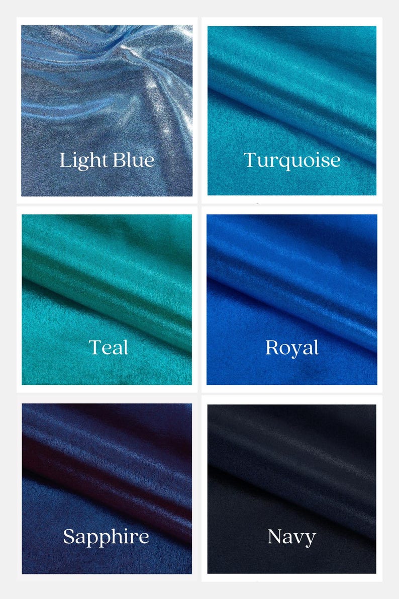 May include: A swatch card showing six different shades of blue fabric. The colors are Light Blue, Turquoise, Teal, Royal, Sapphire, and Navy.