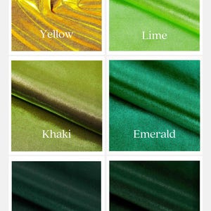 May include: Six fabric swatches in different colors: yellow, lime green, khaki, emerald green, camo green, and hunter green.