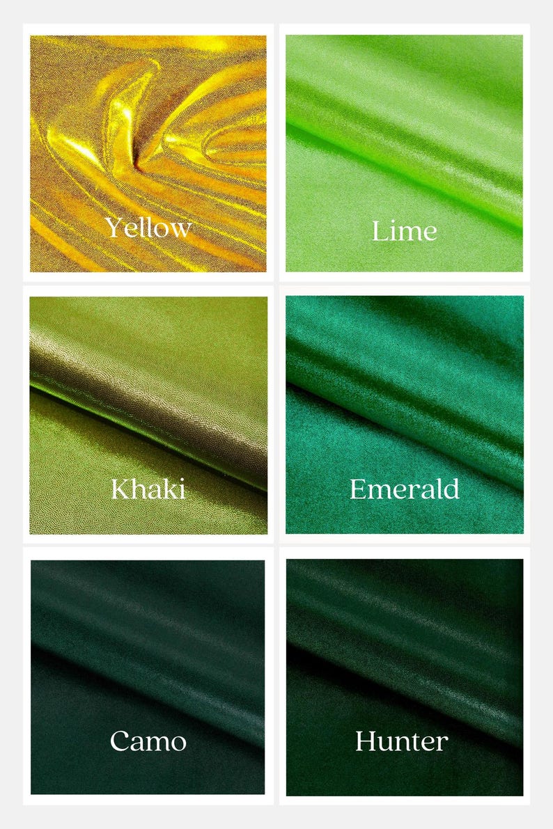 May include: Six fabric swatches in different colors: yellow, lime green, khaki, emerald green, camo green, and hunter green.