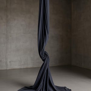 以下が含まれることがあります： 天井から吊るされた濃い灰色のエアリアルシルク生地。ねじって床にドレープされています。生地は単色で、流れるようなエレガントな形を作り出しています。背景はニュートラルな灰色のコンクリートの壁と床です。