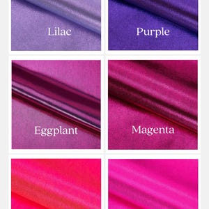 May include: Six fabric swatches in different shades of purple and pink. The swatches are labeled "Lilac", "Purple", "Eggplant", "Magenta", "Melon", and "Fuchsia".