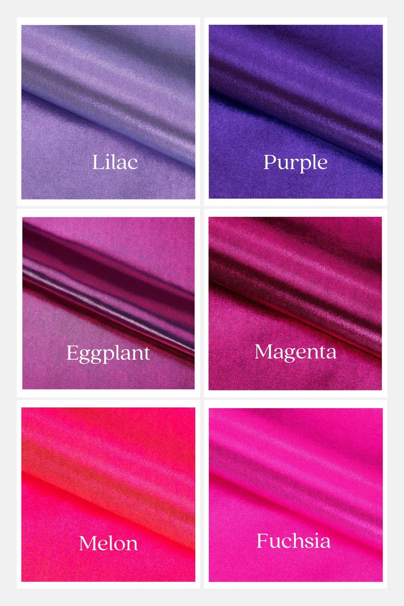 May include: Six fabric swatches in different shades of purple and pink. The swatches are labeled "Lilac", "Purple", "Eggplant", "Magenta", "Melon", and "Fuchsia".