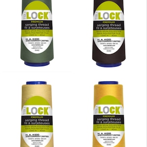 May include: Four spools of Tru Lock Premium serging thread in green, brown, beige, and gold. Each spool is 1,500 meters long and 40 weight.