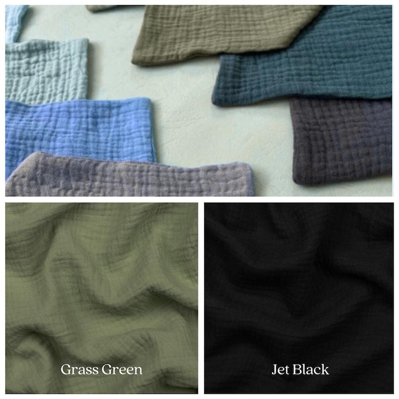 Puede incluir: Primer plano de muestras de tela en varios colores, incluyendo verde hierba y negro azabache. La tela tiene una textura similar a un waffle.