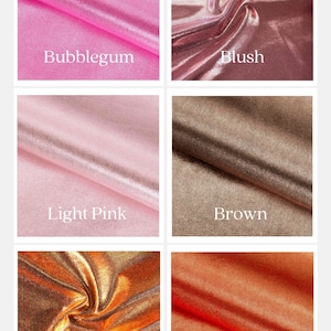 May include: A swatch card showing different colors of metallic fabric. The colors are Bubblegum, Blush, Light Pink, Brown, Copper, and Orange.