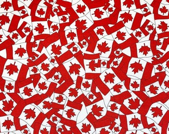 Canada Day Quilting Fabric – Mini Canada Flag Print, 100% Cotton, Red and White Patriotic Fabric by the Yard/Meter