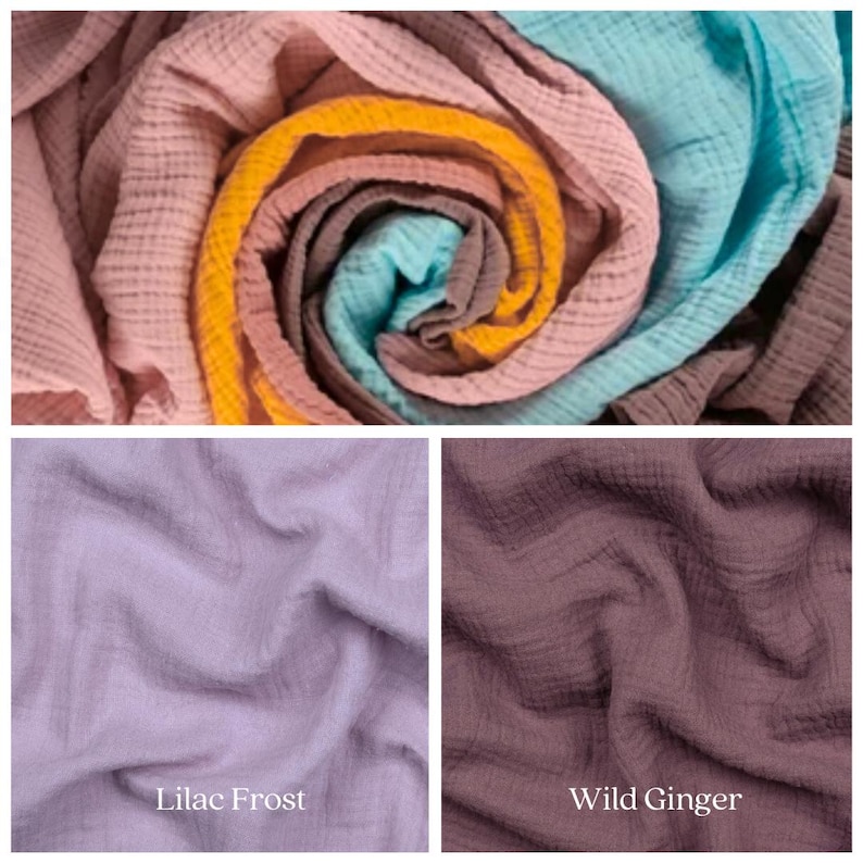 Puede incluir: Primer plano de cuatro telas suaves y arrugadas de diferentes colores. Los colores son rosa claro, azul claro, amarillo claro y marr&oacute;n claro. La tela est&aacute; dispuesta en espiral. La tela se llama "Lilac Frost" y "Wild Ginger".