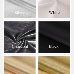 May include: Five fabric swatches in different colors: silver, white, charcoal, black, and gold. The swatches are arranged in a grid.
