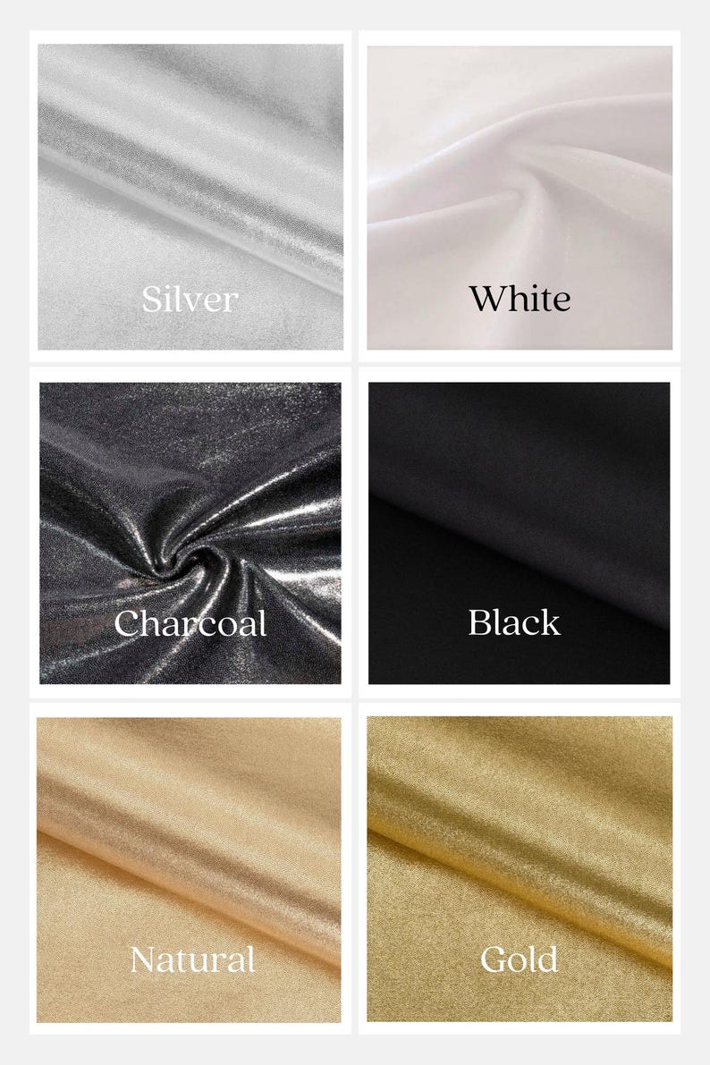 May include: Five fabric swatches in different colors: silver, white, charcoal, black, and gold. The swatches are arranged in a grid.