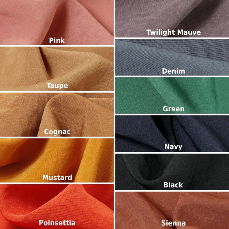 May include: Close-up of fabric swatches in various colors, including pink, taupe, cognac, mustard, and poinsettia. Other colors are twilight mauve, denim, green, navy, black, and sienna. Each swatch has a label with its color name.