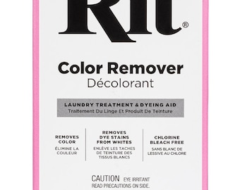 May include: A pink box of Rit Color Remover laundry treatment and dyeing aid. The box is labeled "Color Remover" and "Décolorant" in French. The product is chlorine bleach free and removes dye stains from whites. The box contains 56.7 grams or 2 ounces of product.