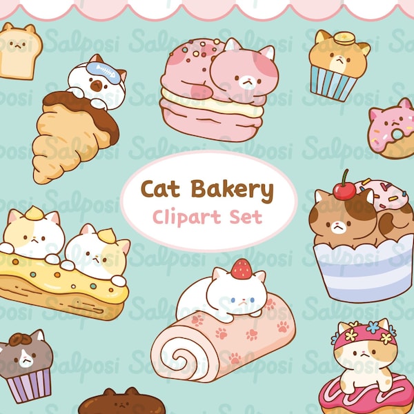 Cat Clipart, Cat PNG, Kitten Clipart, Cute Cat Clipart, Pet Clipart, Bakkerij Clipart, Food Clipart, Macaron, Roll Cake, Muffin, Eclair, Donuts